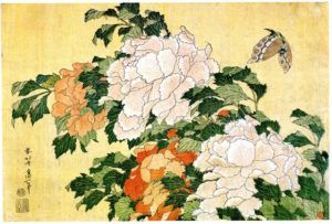 Pæoner og sommerfugl af Hokusai, 1830'erne