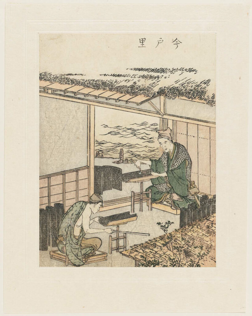 Træsnit af Hokusai der viser tagstensproduktion i landsbyen Imado