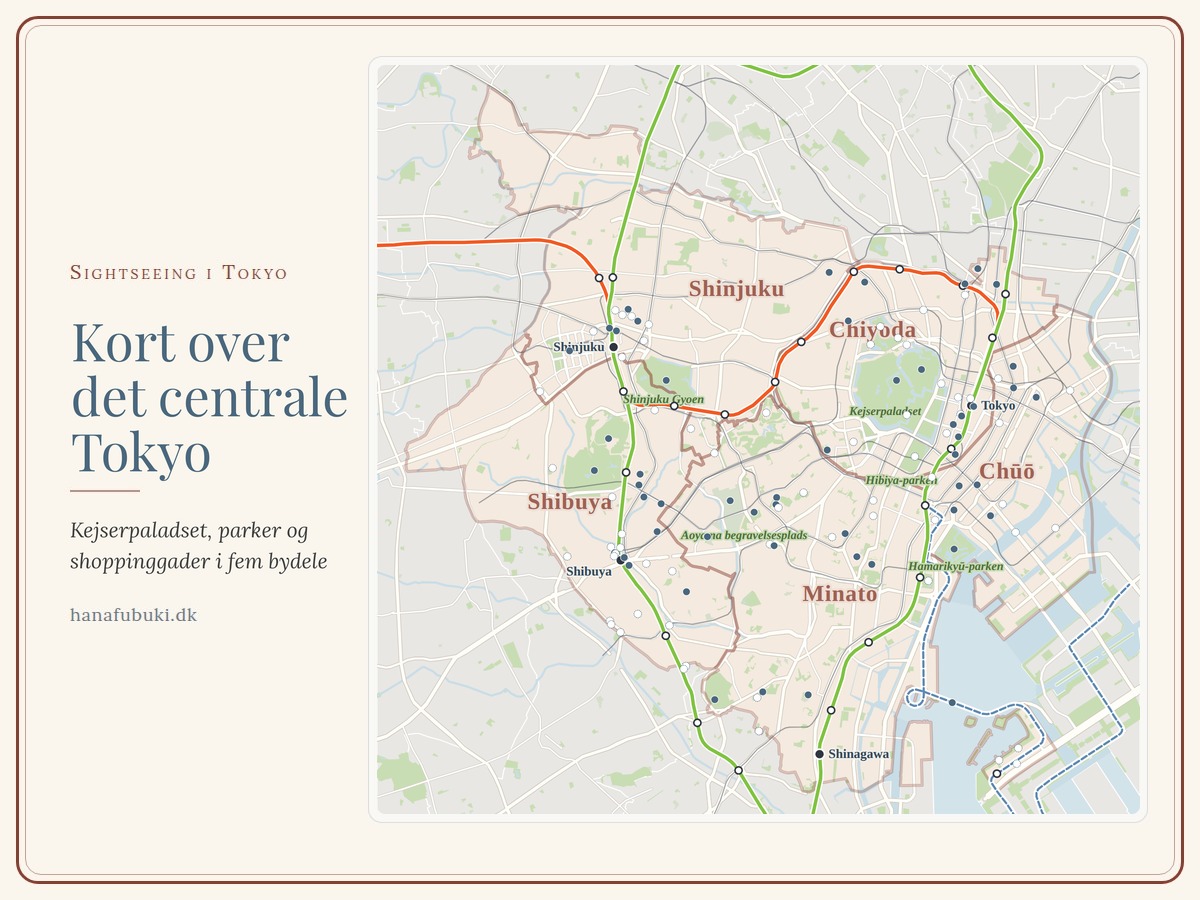 Tegnet kort over det centrale Tokyo med Chiyoda, Chūō, Minato, Shinjuku og Shibuya