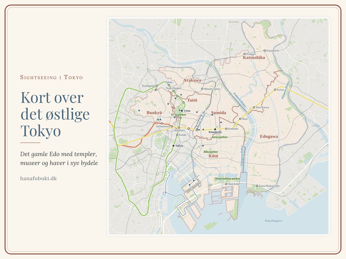 Tegnet kort over det østlige Tokyo med Taitō, Sumida, Bunkyō og de øvrige bydele